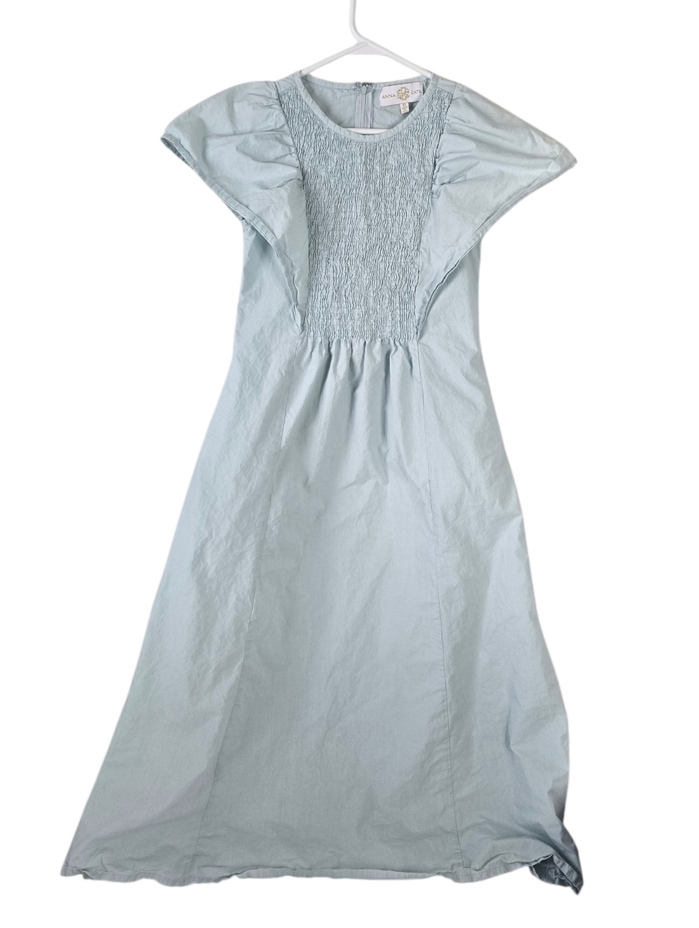 Anna Cate Light Blue Smocked Front Cotton Midi Dress XS Wing Sleeve Pockets